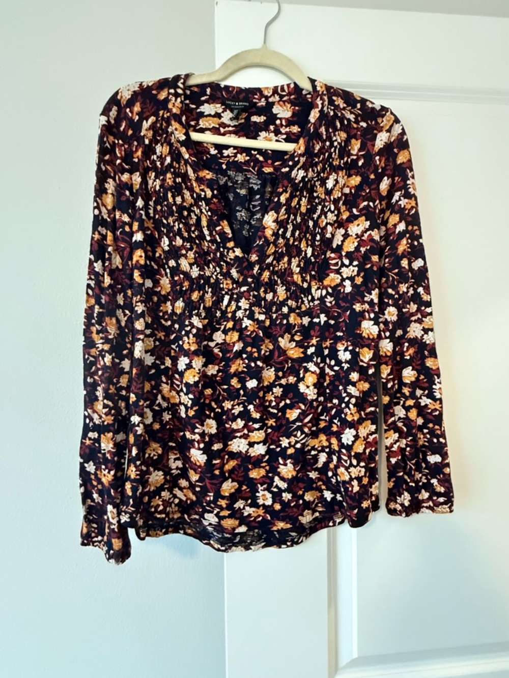 Lucky Brand Black Floral V-Neck Long Sleeve Blouse